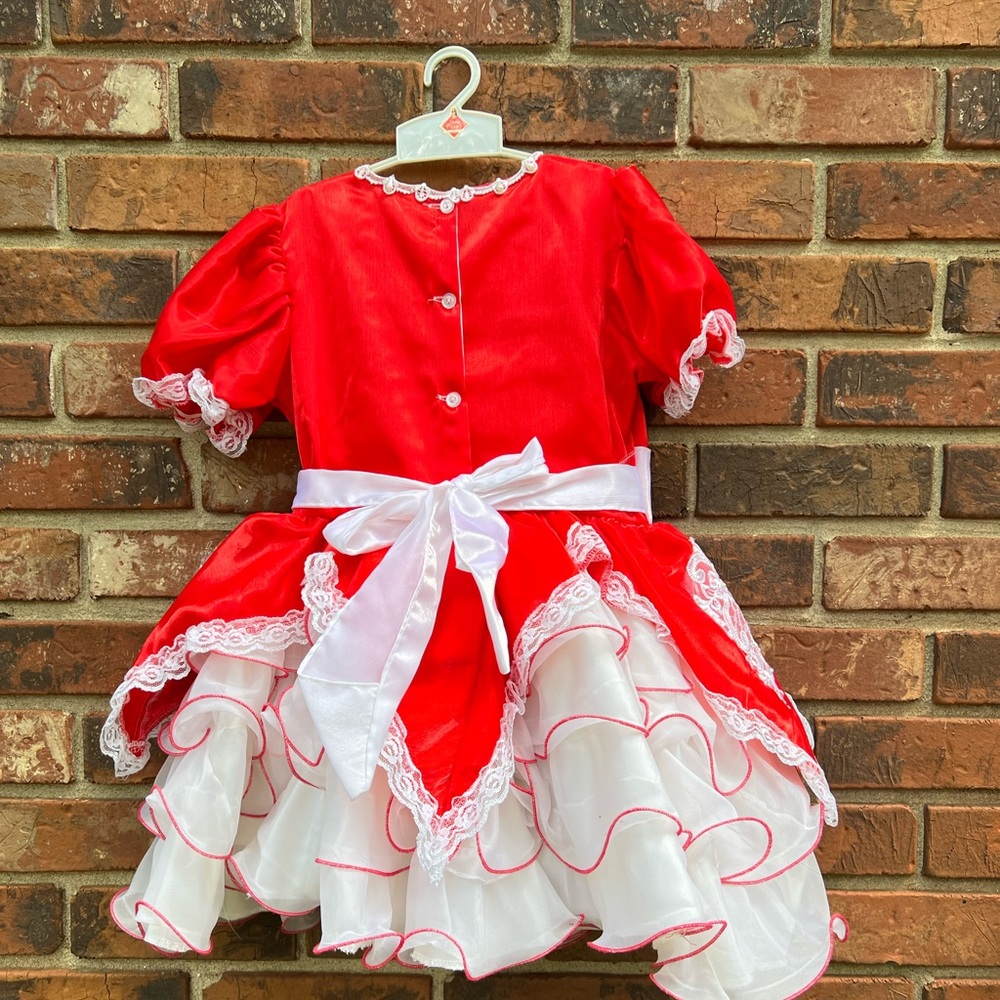 Vintage Baby Girls 90s White & Red Ruffle Lace and Tiered Frilly Lace Dress - Picture 7 of 14